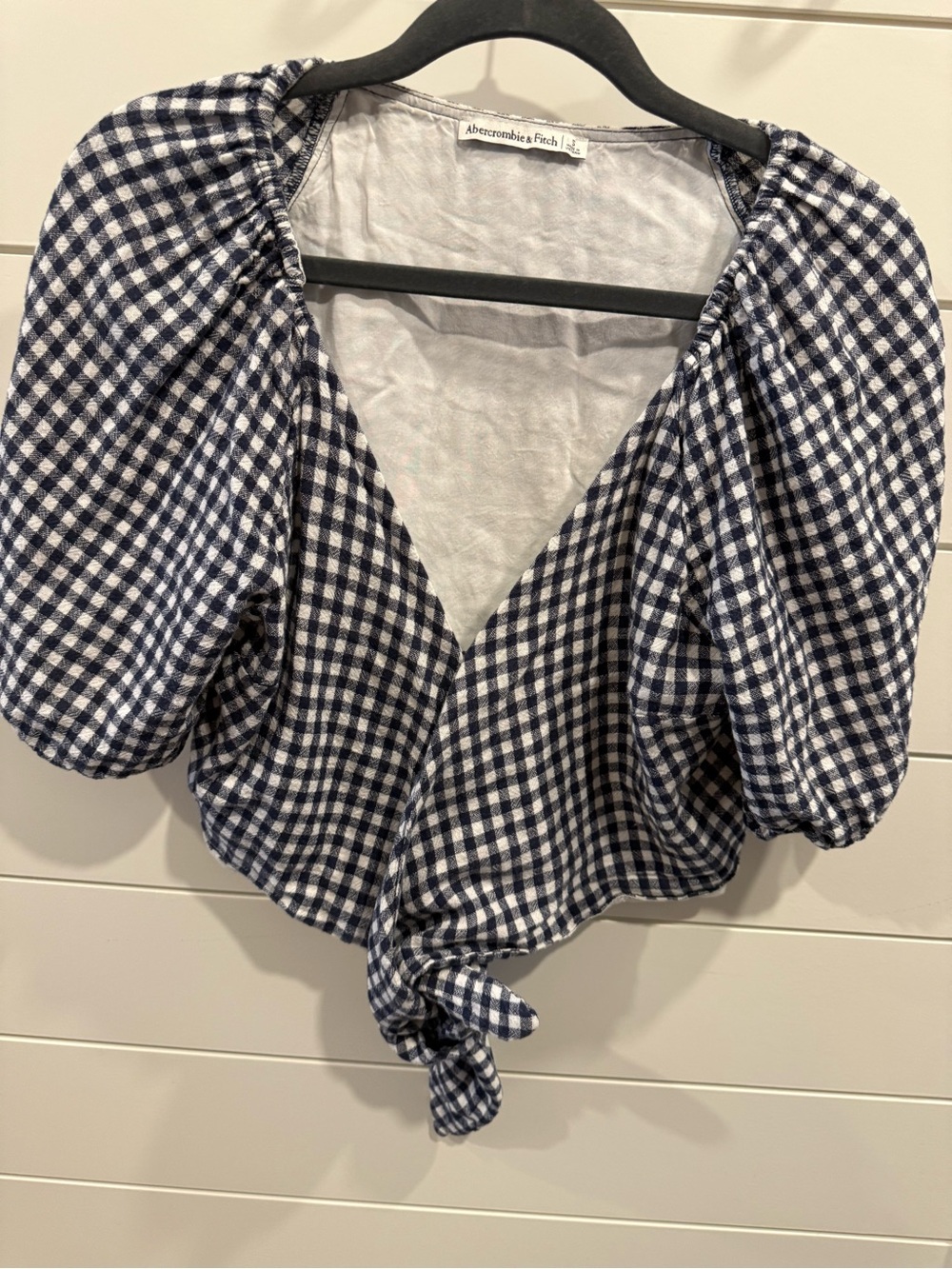 Abercrombie & Fitch Black & White Gingham Tie-Front Puff Sleeve Top 100% cotton